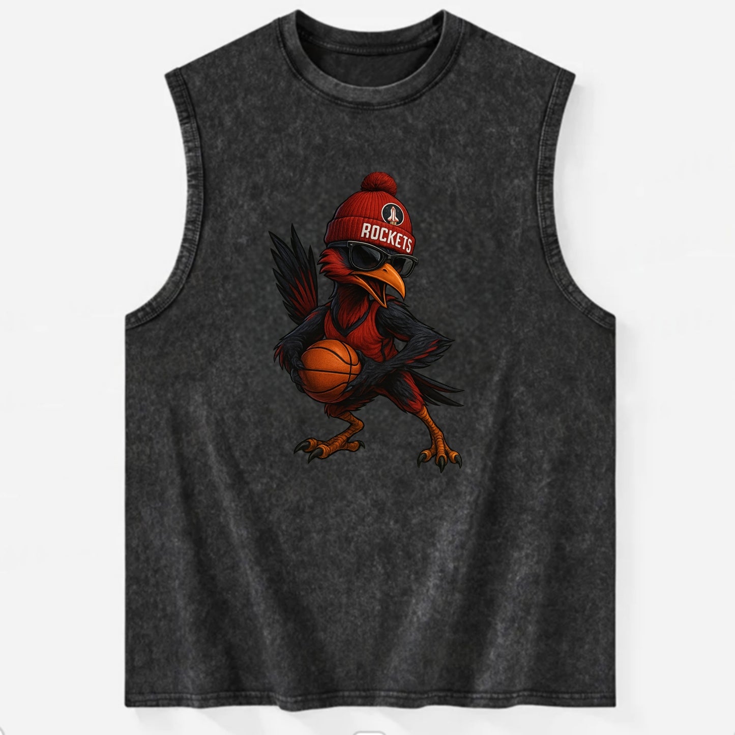 Houston Roadrunner wearing Rockets beanie with launch pad patch and wayfarer - Vintage Washed Tank - Black