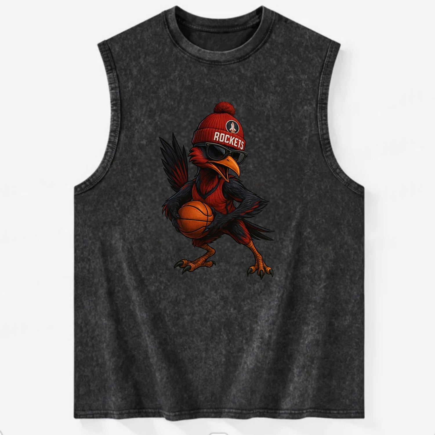 Houston Roadrunner wearing Rockets beanie with launch pad patch and wayfarer - Vintage Washed Tank - Black