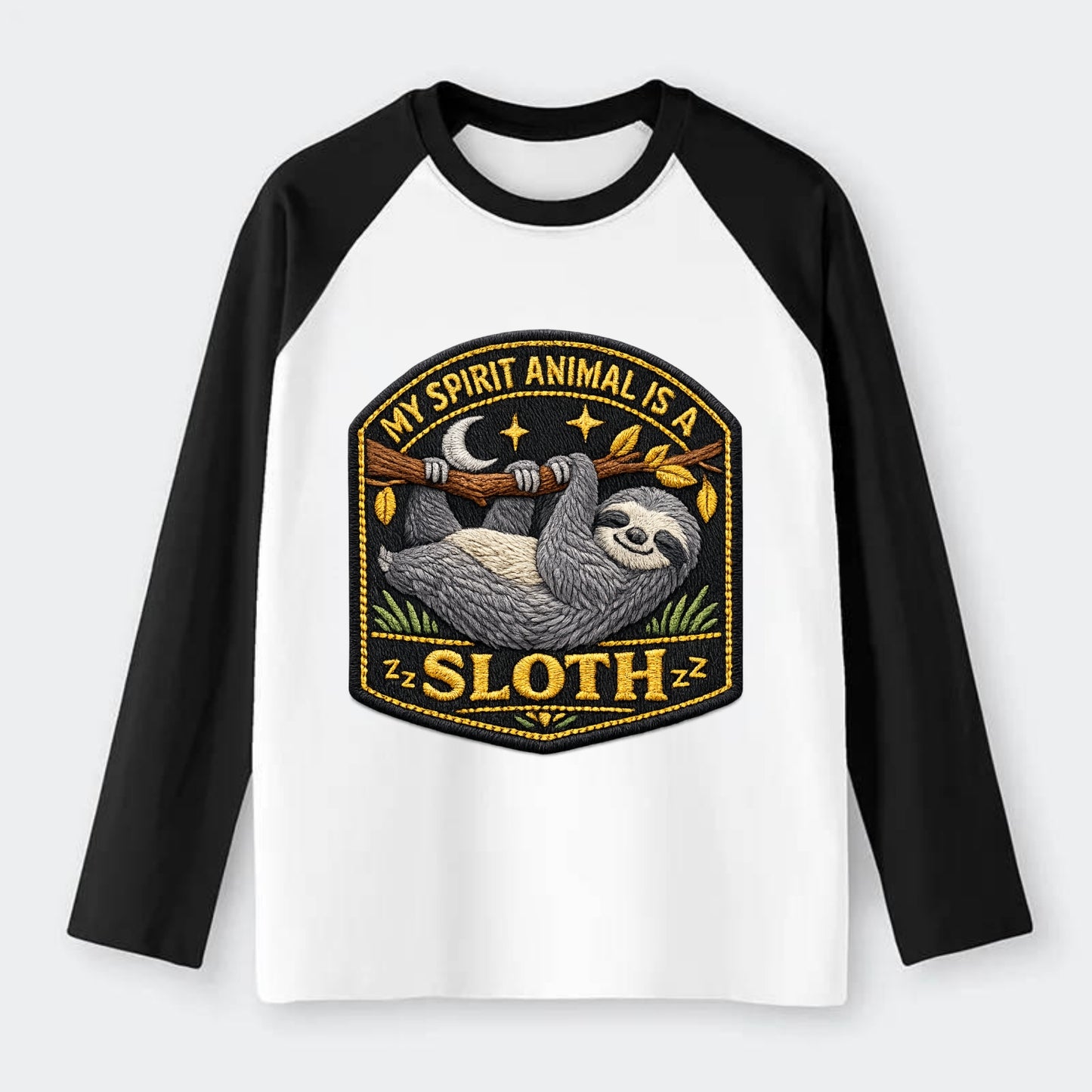 MY SPIRIT ANIMAL IS A SLOTH - lazy sloth in gray , slow life - Raglan Long Sleeve T-Shirt - Black
