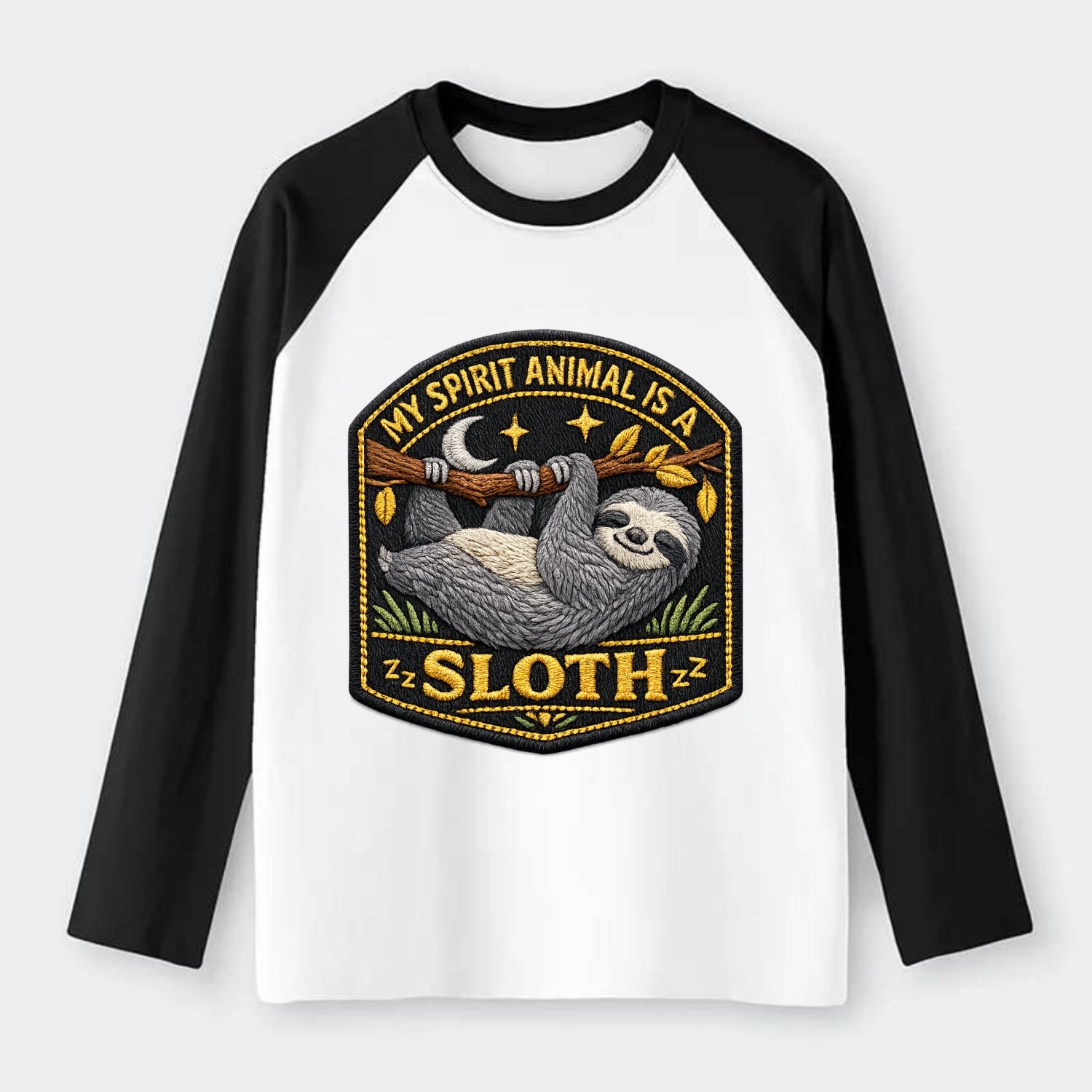 MY SPIRIT ANIMAL IS A SLOTH - lazy sloth in gray , slow life - Raglan Long Sleeve T-Shirt - Black