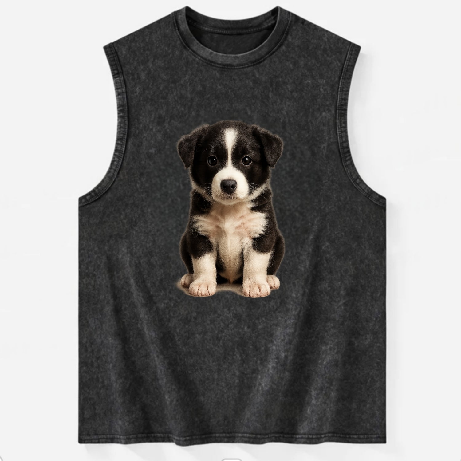Baby Border Collie Puppy - black and white, intense smart eyes, athletic - Vintage Washed Tank - Black
