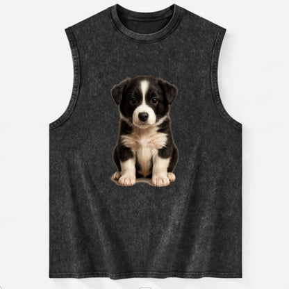 Baby Border Collie Puppy - black and white, intense smart eyes, athletic - Vintage Washed Tank - Black