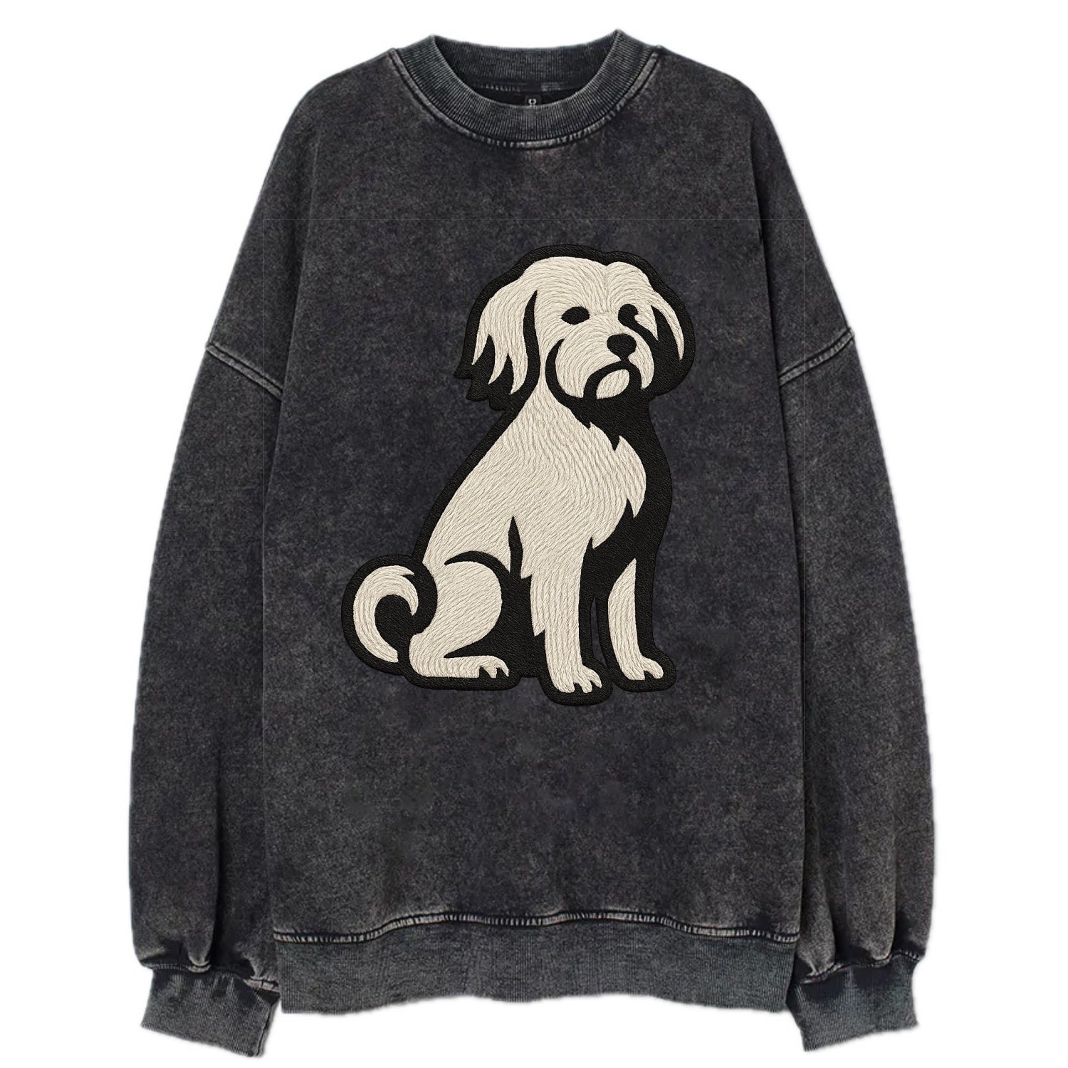 Löwchen - Little Lion Dog white embroide - Vintage Sweatshirt - Black