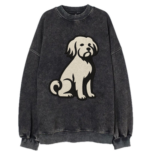 Löwchen - Little Lion Dog white embroide - Vintage Sweatshirt - Black