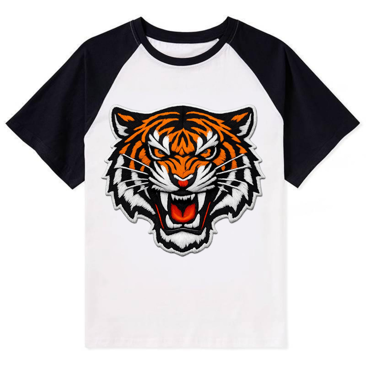 TIGER STRIPES FACE - fierce tiger face in orange, black and white , - Contrast Raglan T-shirt - Black