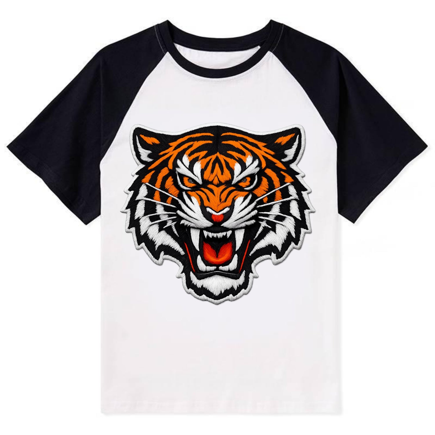 TIGER STRIPES FACE - fierce tiger face in orange, black and white , - Contrast Raglan T-shirt - Black