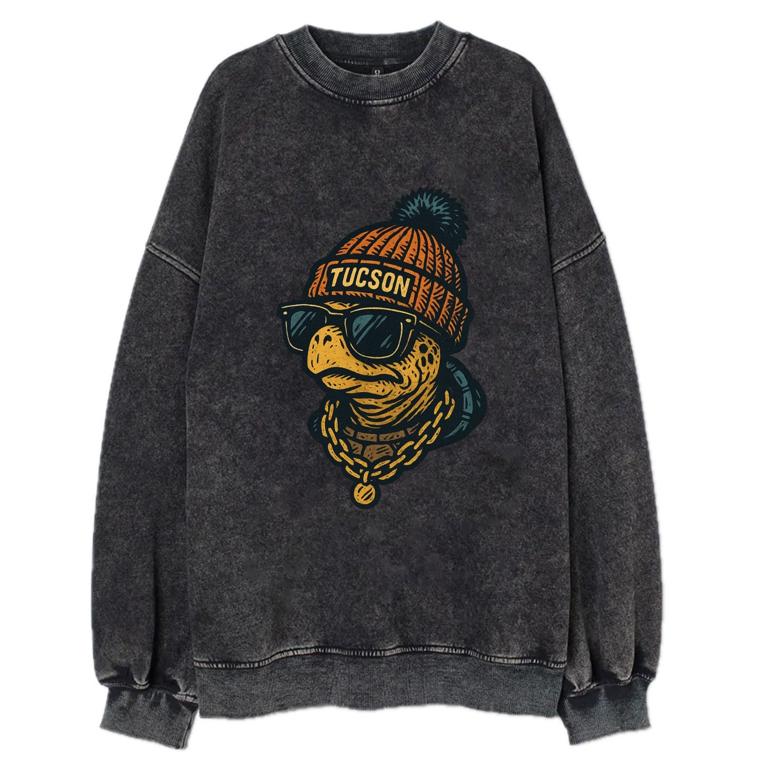 Tucson Desert Tortoise wearing Tucson beanie with pom pom and wayfarer - Vintage Sweatshirt - Black