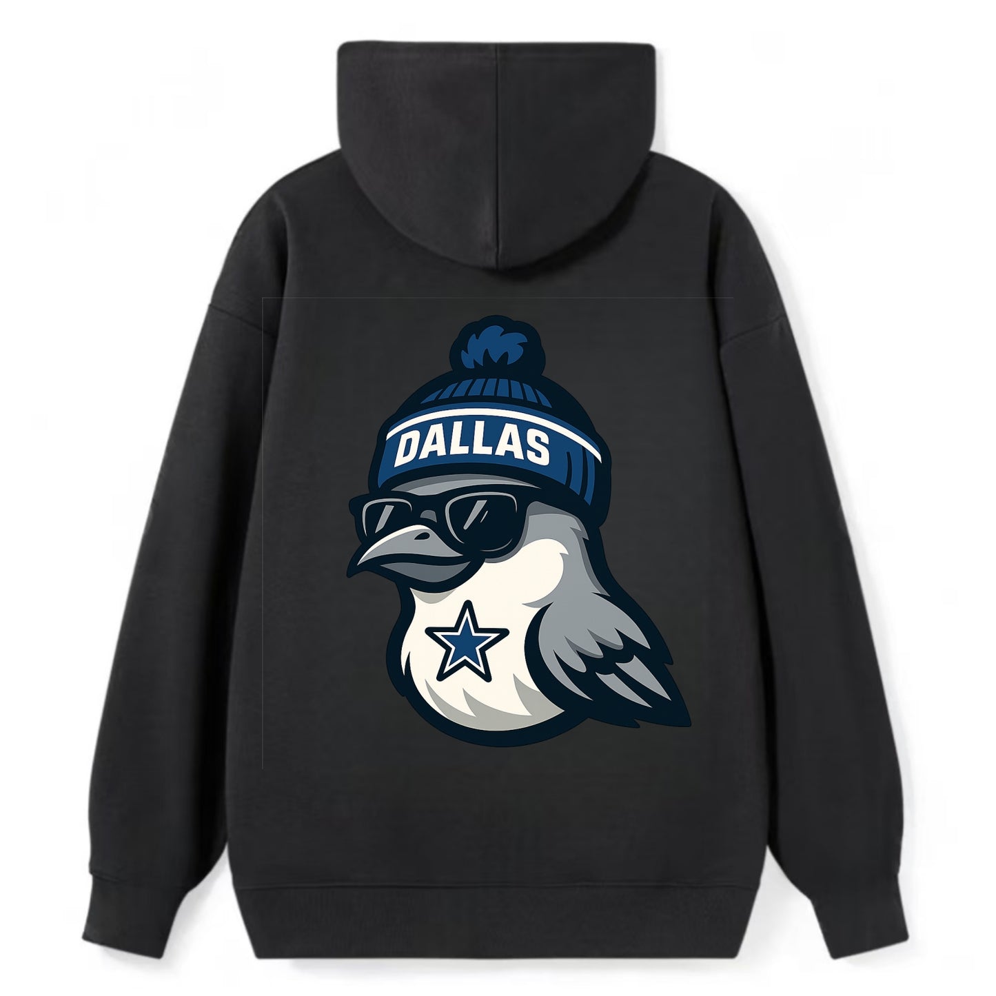 Dallas Mockingbird wearing Cowboys beanie with sheriff star and wayfarer - Classic Pullover Hoodie - Black