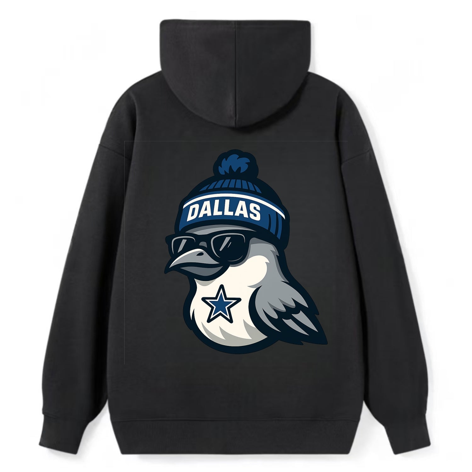 Dallas Mockingbird wearing Cowboys beanie with sheriff star and wayfarer - Classic Pullover Hoodie - Black