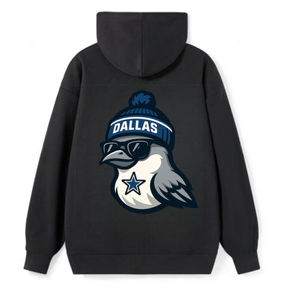 Dallas Mockingbird wearing Cowboys beanie with sheriff star and wayfarer - Classic Pullover Hoodie - Black