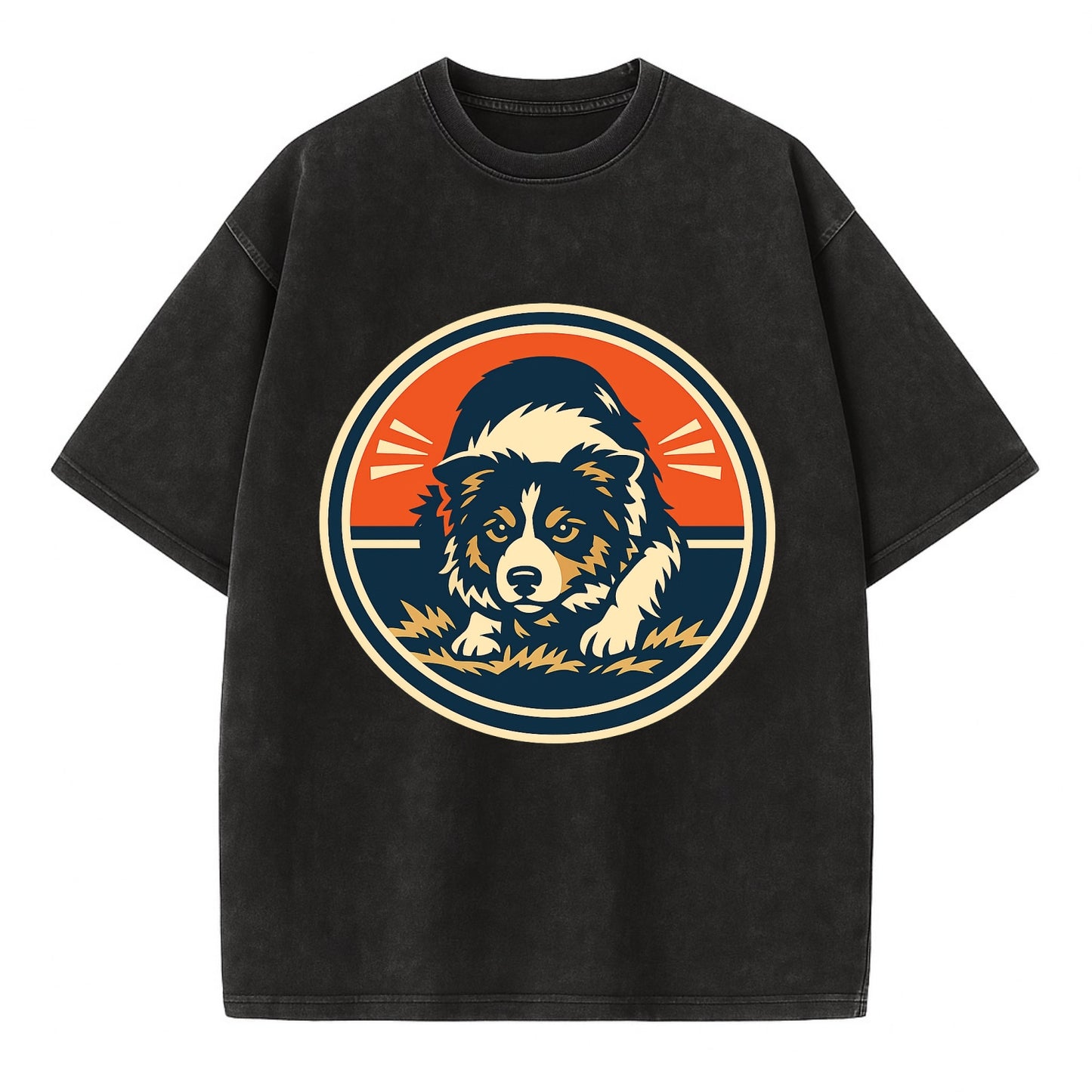Focused Border Collie Emblem - Vintage T-shirt - Black