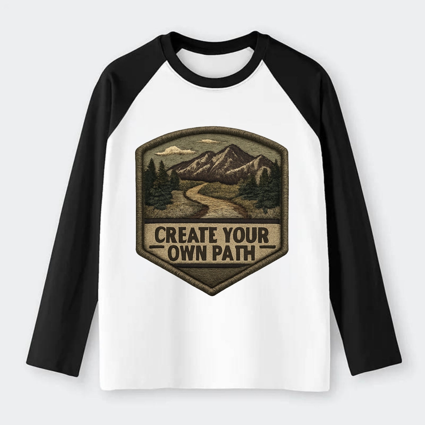 CREATE YOUR OWN PATH - trail with text in brown , independence - Raglan Long Sleeve T-Shirt - Black