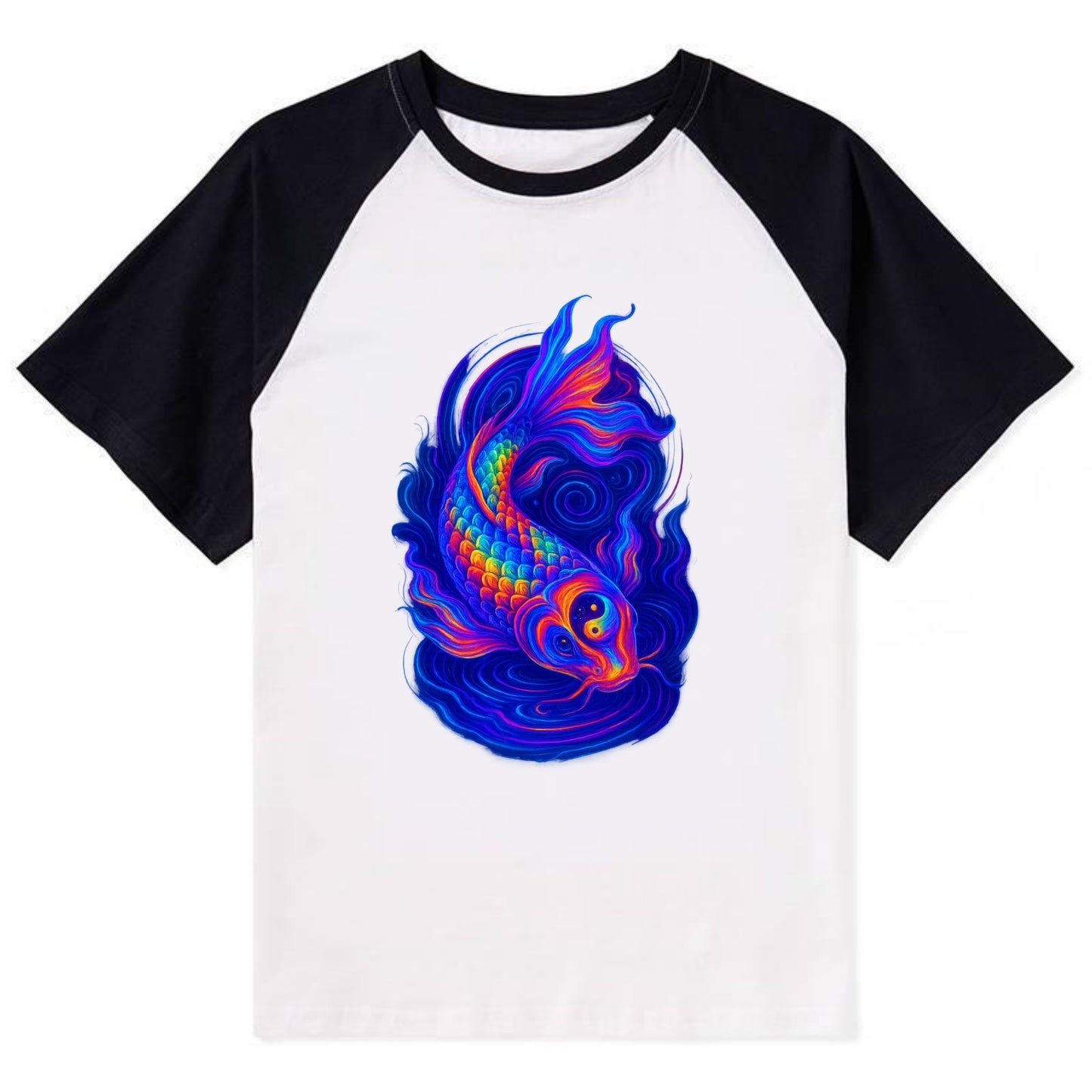 Sacred koi with scales reflecting rainbow prisms, yin-yang patterns in - Contrast Raglan T-shirt - Black