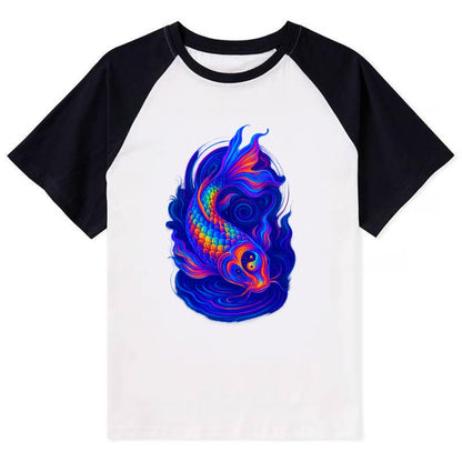 Sacred koi with scales reflecting rainbow prisms, yin-yang patterns in - Contrast Raglan T-shirt - Black