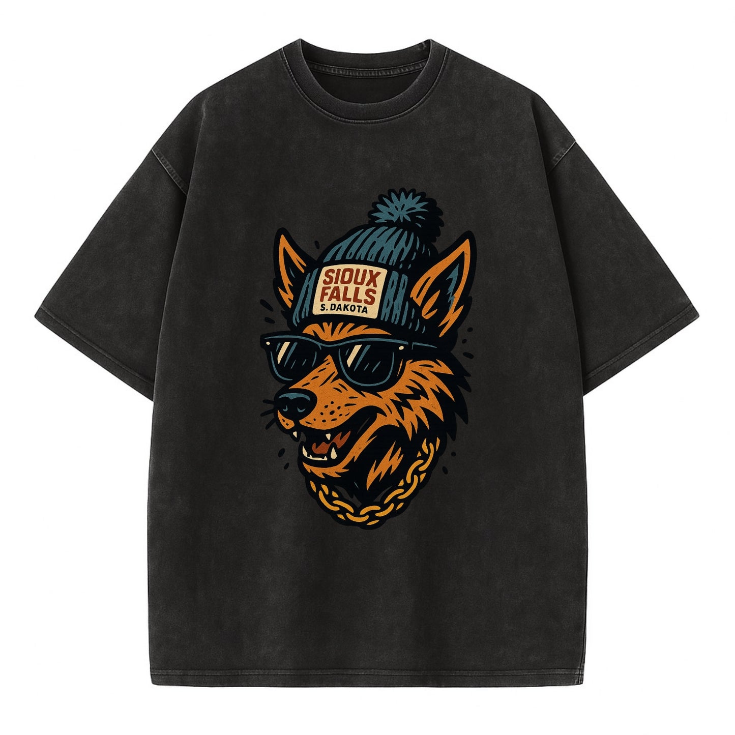 South Dakota Coyote wearing Sioux Falls beanie with pom pom and wayfarer - Vintage T-shirt - Black