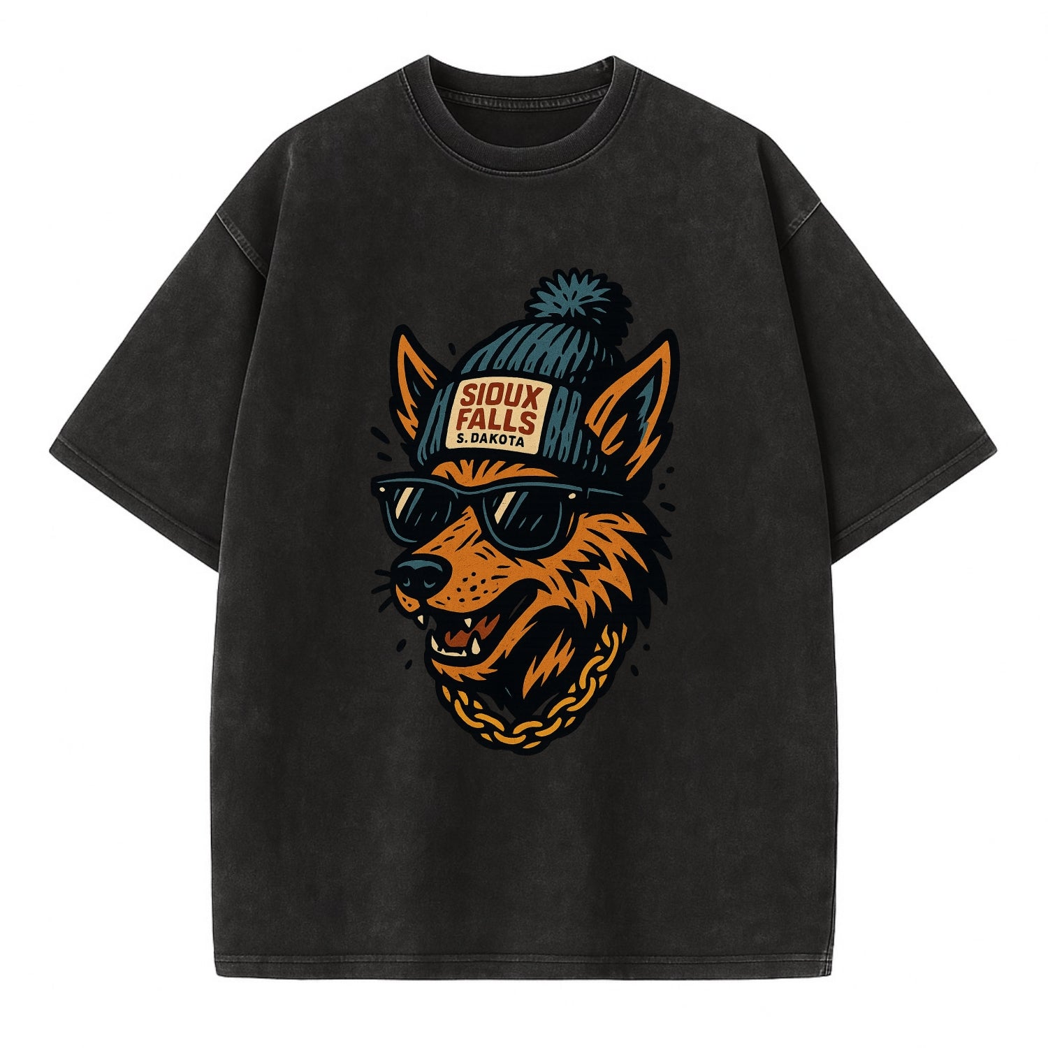 South Dakota Coyote wearing Sioux Falls beanie with pom pom and wayfarer - Vintage T-shirt - Black