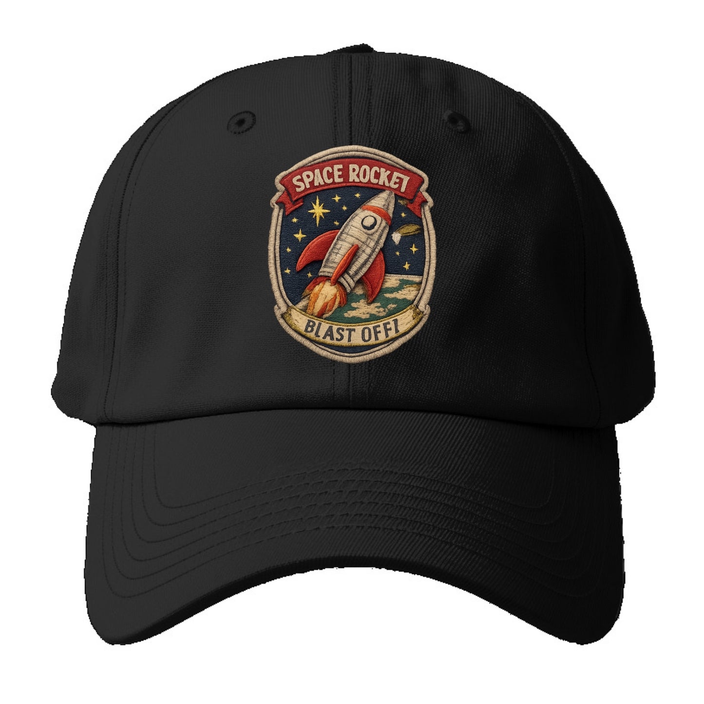 RETRO ROCKET - 1950s space rocket in silver and red , atomic age - Baseball Cap - Black