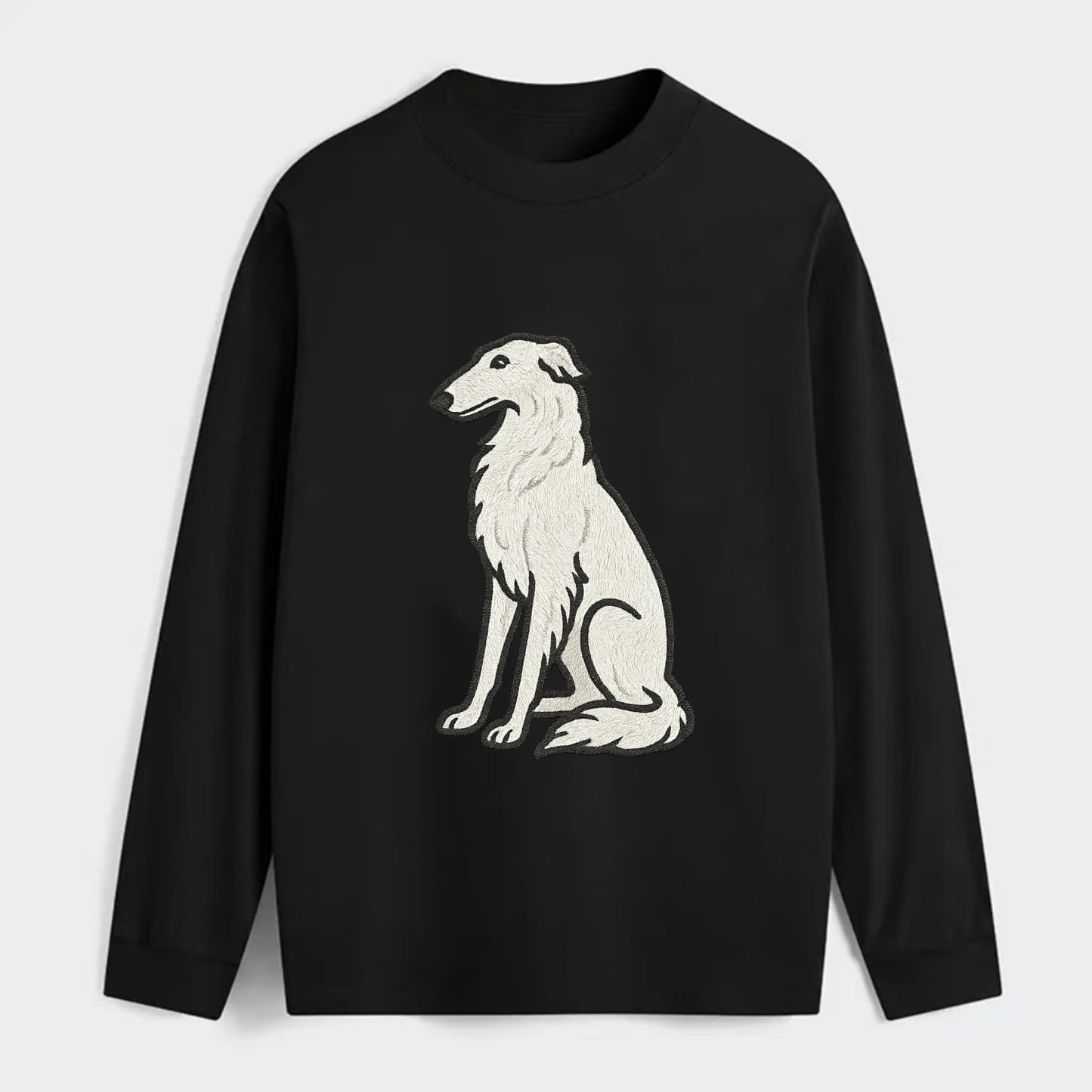 Borzoi - White embroidered sitting pose - Classic Long Sleeve Shirt - Black