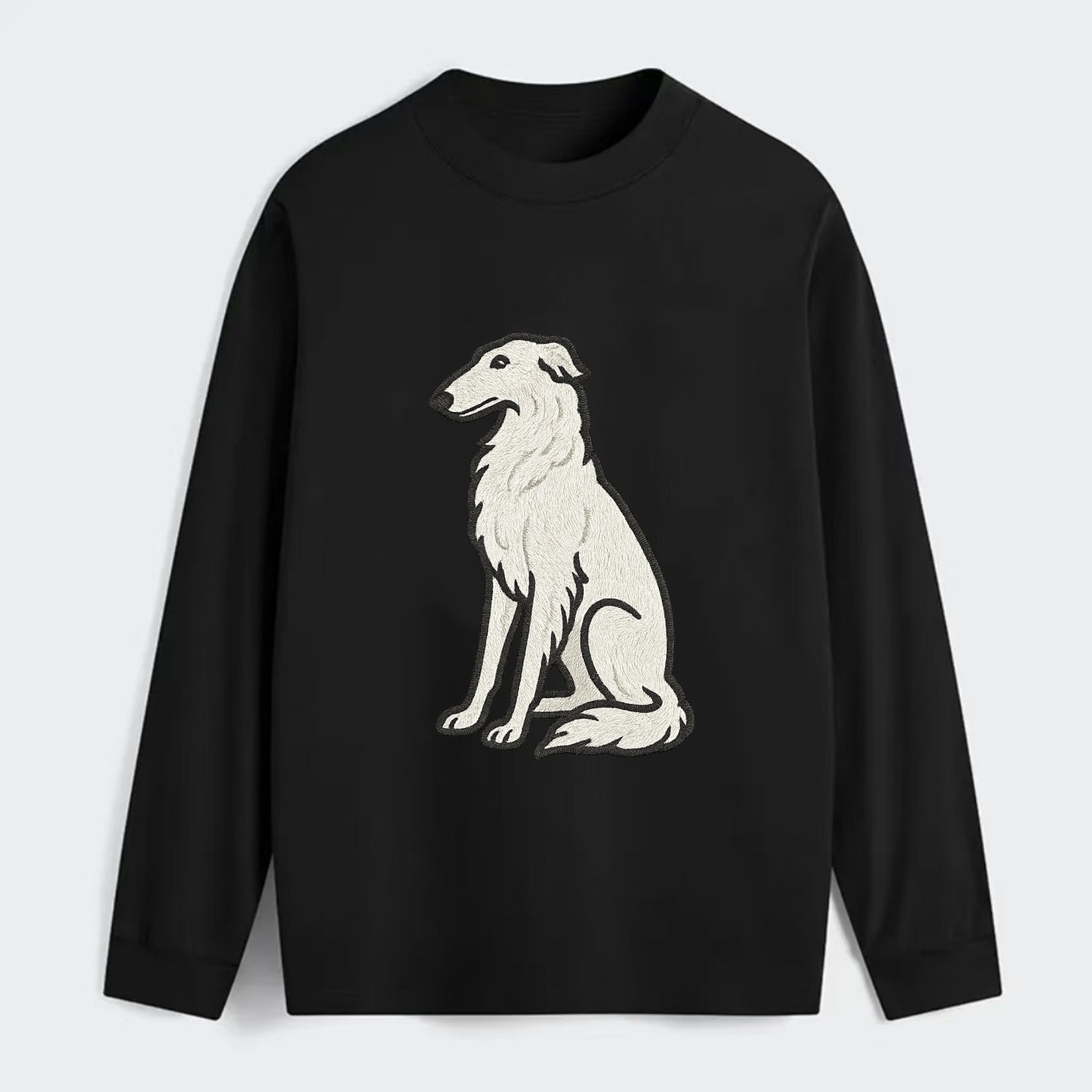 Borzoi - White embroidered sitting pose - Classic Long Sleeve Shirt - Black