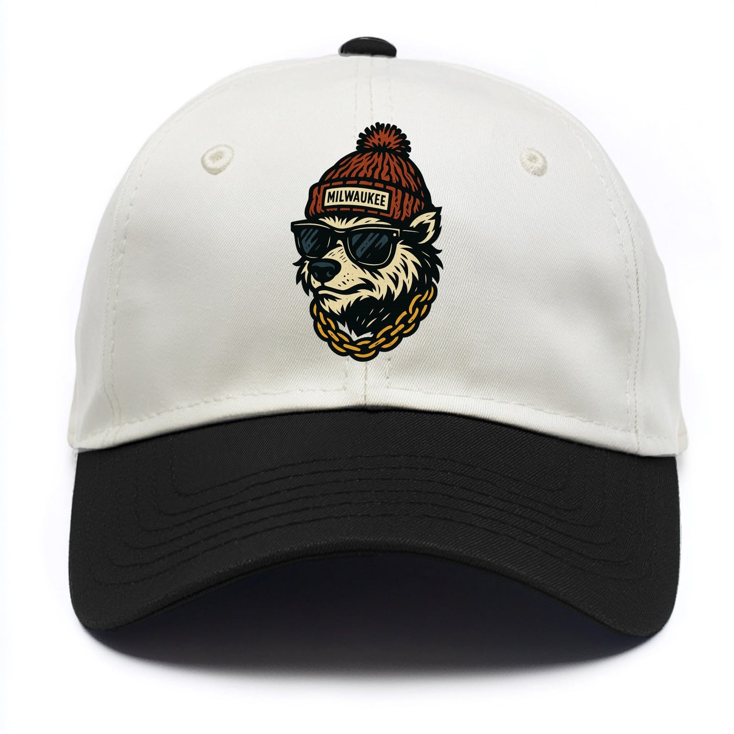 Milwaukee Badger wearing Milwaukee beanie with pom pom and wayfarer sunglasses - Two Tone Cap - Black