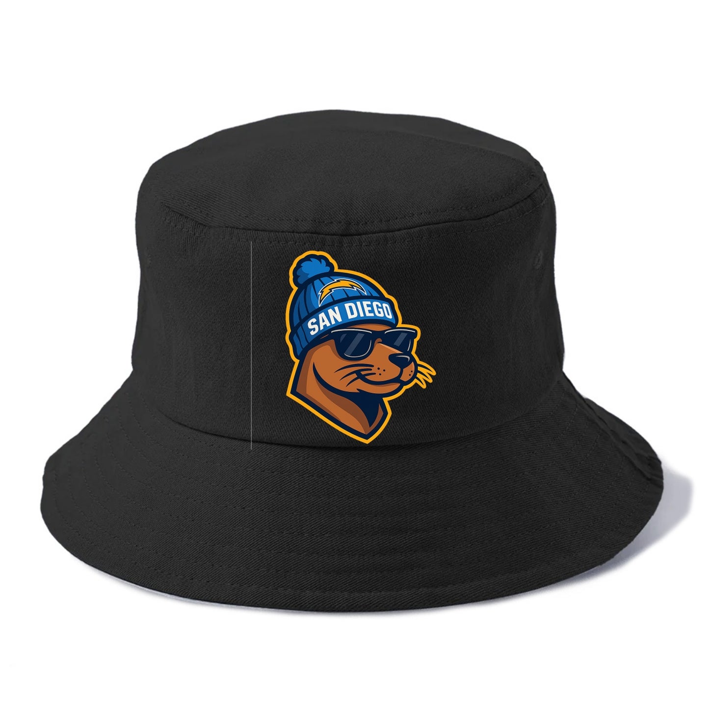 San Diego Sea Lion wearing Chargers beanie with bolt patch and wayfarer sunglasses - Bucket Hat - Black