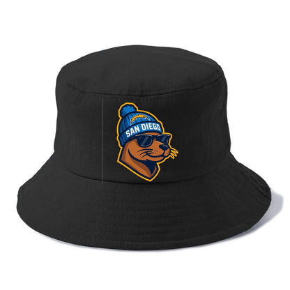 San Diego Sea Lion wearing Chargers beanie with bolt patch and wayfarer sunglasses - Bucket Hat - Black