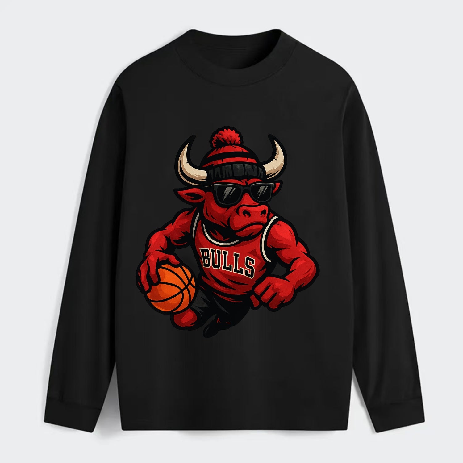 Chicago Bull wearing Bulls red and black beanie with horns design and - Classic Long Sleeve Shirt - Black