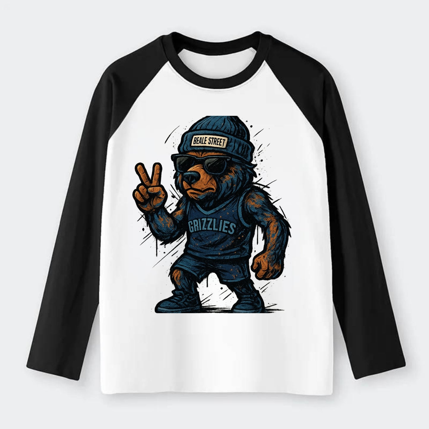 Memphis Grizzly Bear wearing Grizzlies navy and light blue beanie with - Raglan Long Sleeve T-Shirt - Black