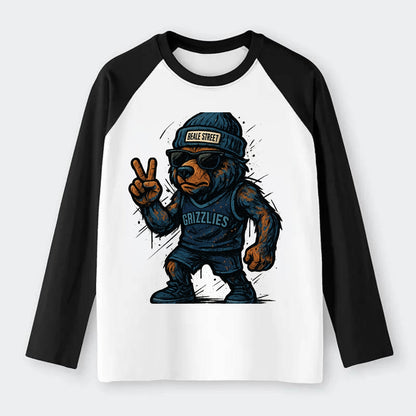 Memphis Grizzly Bear wearing Grizzlies navy and light blue beanie with - Raglan Long Sleeve T-Shirt - Black