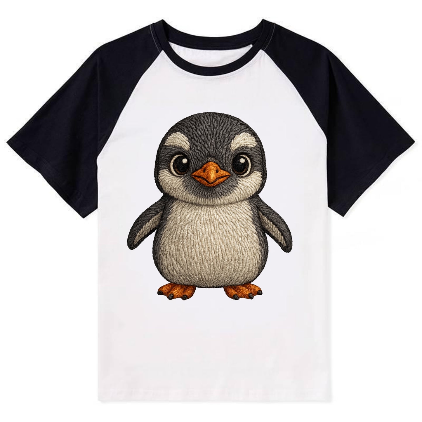 Baby Gentoo Penguin - orange beak, white cap, bright eyes, front-facing, - Contrast Raglan T-shirt - Black