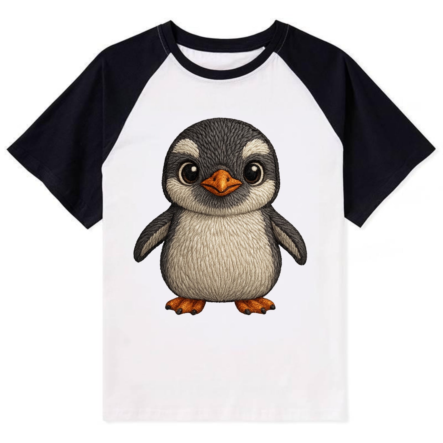 Baby Gentoo Penguin - orange beak, white cap, bright eyes, front-facing, - Contrast Raglan T-shirt - Black