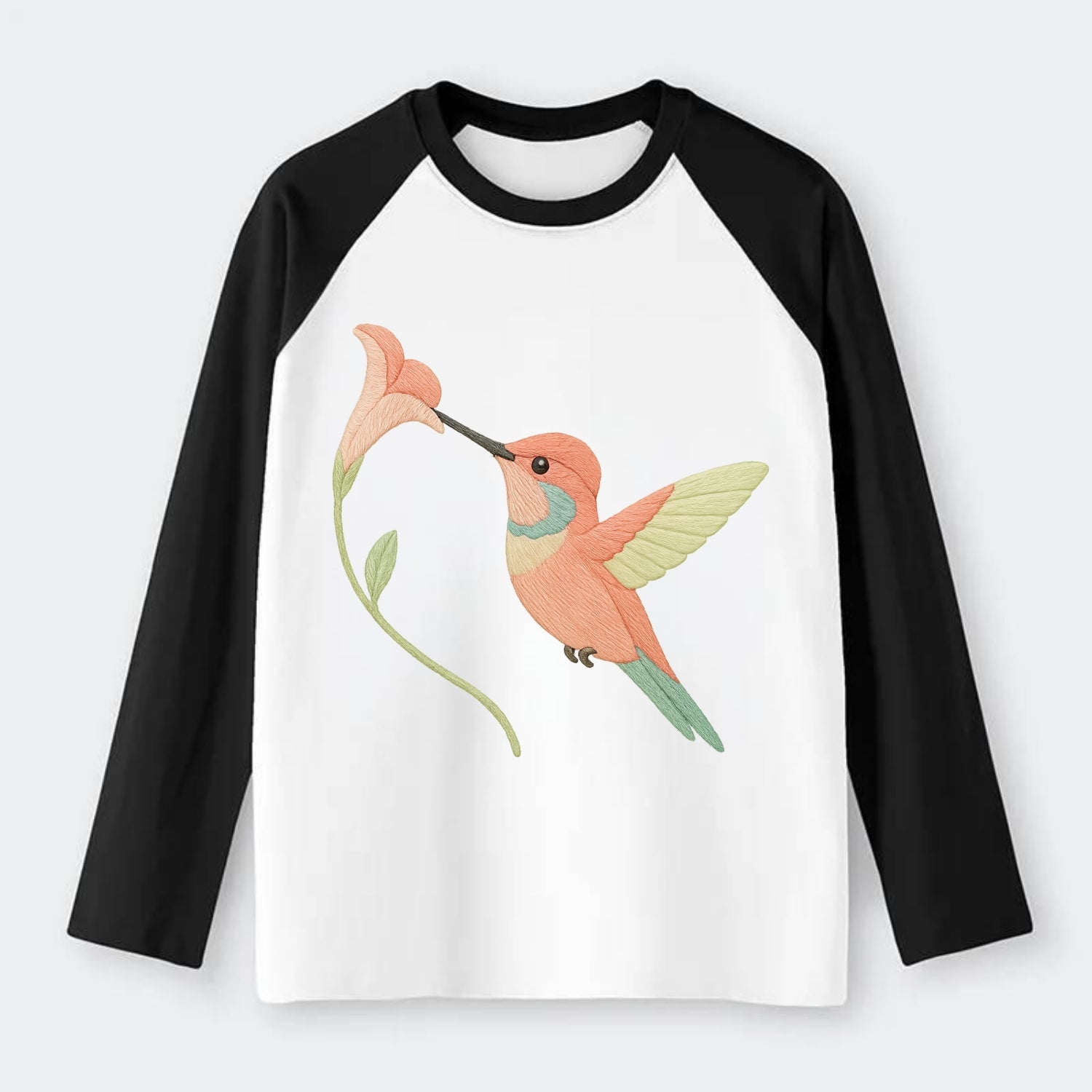 Coral Hummingbird - Raglan Long Sleeve T-Shirt - Black