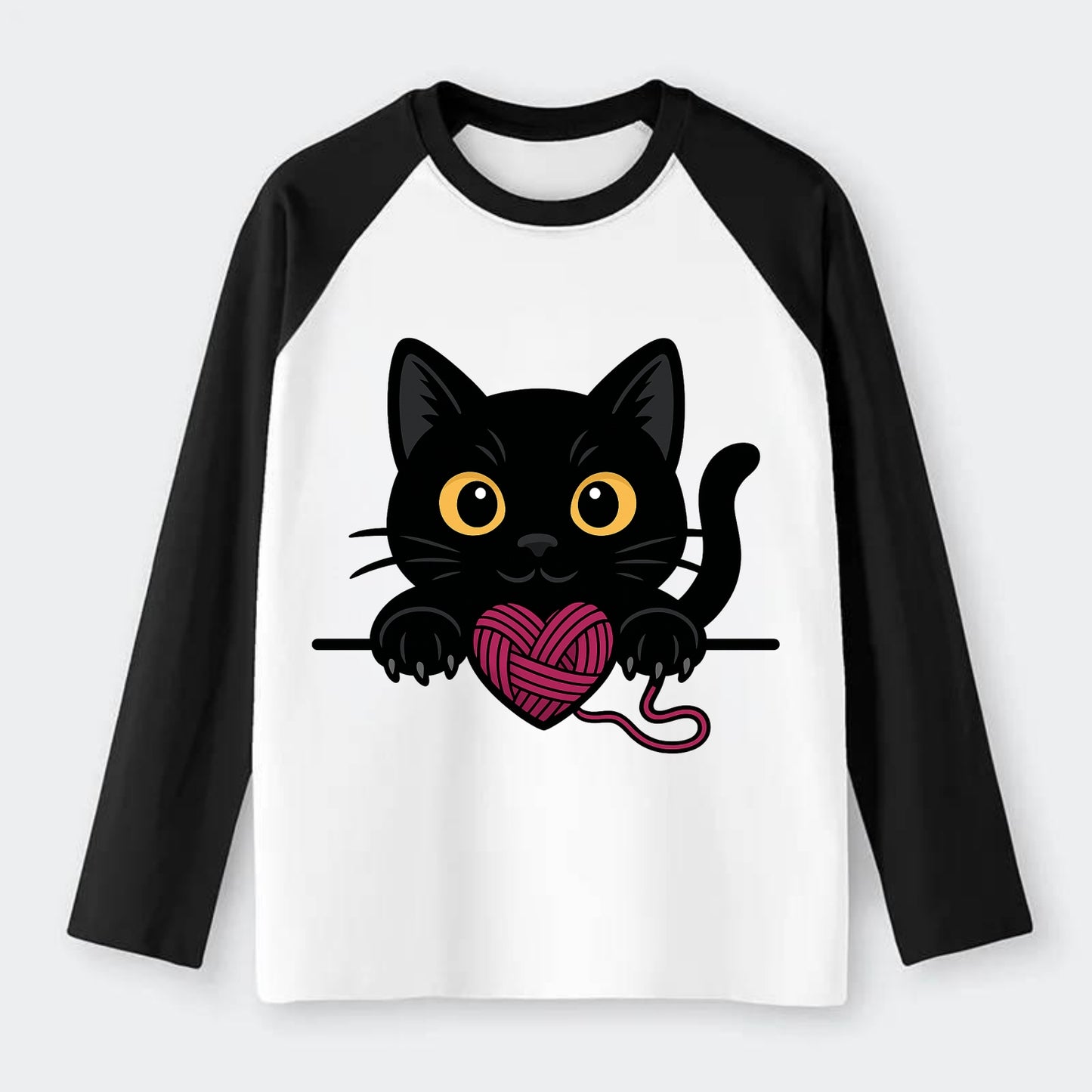 Midnight the black cat stretching tall with claws gently hooked over - Raglan Long Sleeve T-Shirt - Black