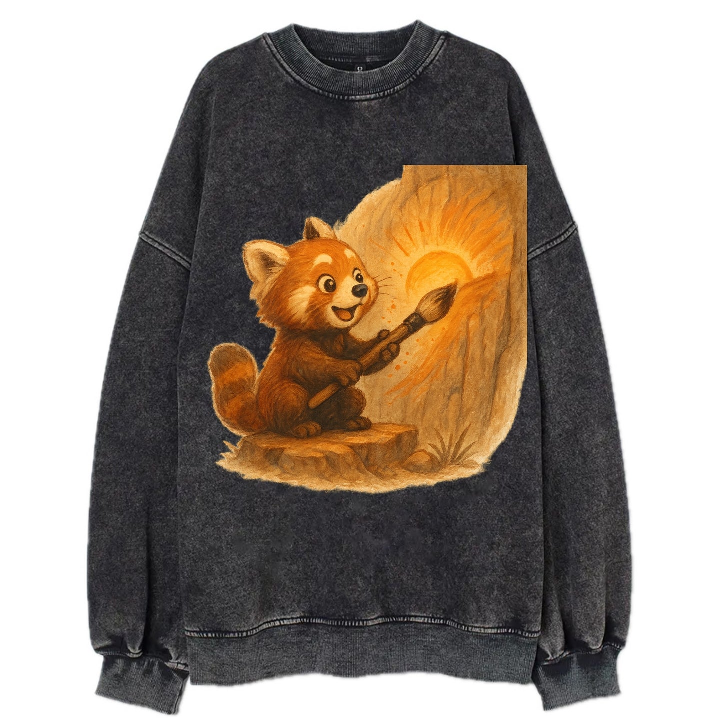 Red panda painting a sunrise mural with an oversized calligraphy brush on a - Vintage Sweatshirt - Black