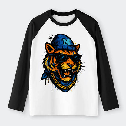 Memphis Tiger wearing Memphis beanie with M patch - Raglan Long Sleeve T-Shirt - Black