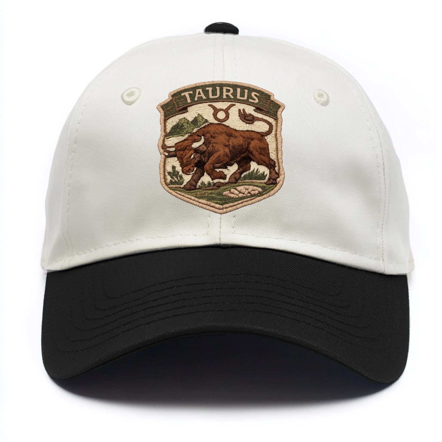 TAURUS BULL - strong bull in brown and green , earth sign - Two Tone Cap - Black