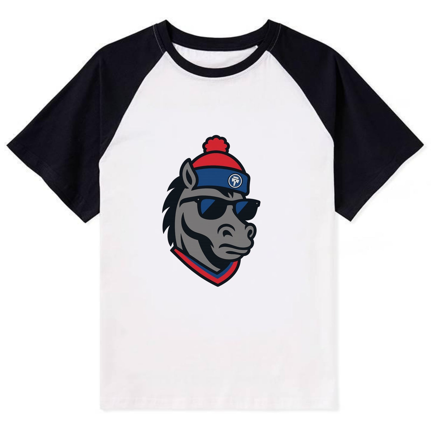 Detroit Stallion wearing Pistons red and blue beanie with piston patch - Contrast Raglan T-shirt - Black