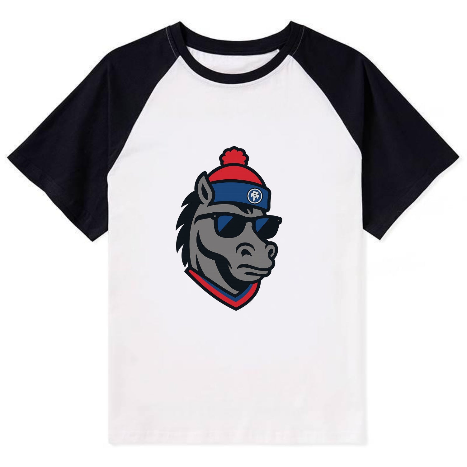 Detroit Stallion wearing Pistons red and blue beanie with piston patch - Contrast Raglan T-shirt - Black
