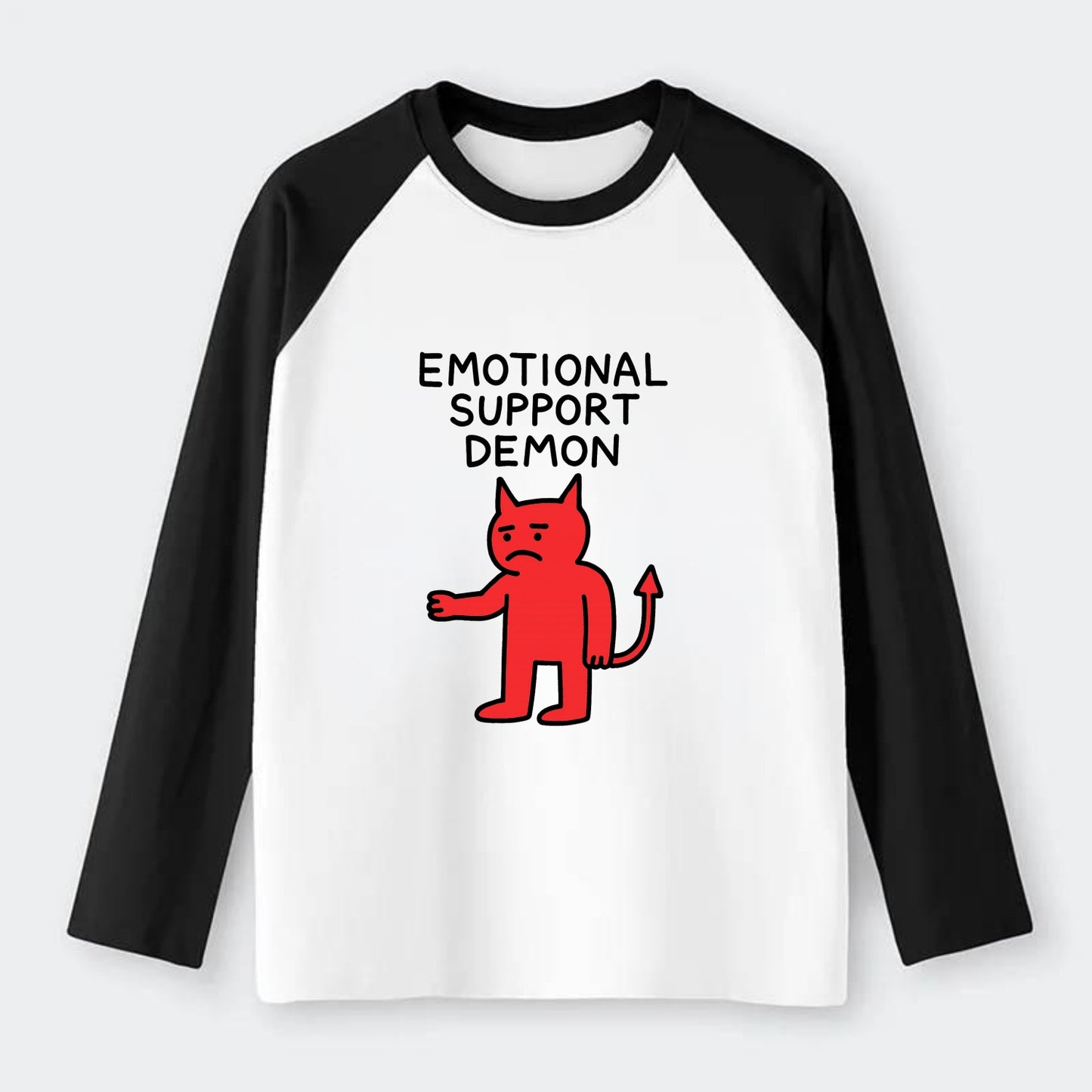 EMOTIONAL SUPPORT DEMON | Devil caring reluctantly - Raglan Long Sleeve T-Shirt - Black