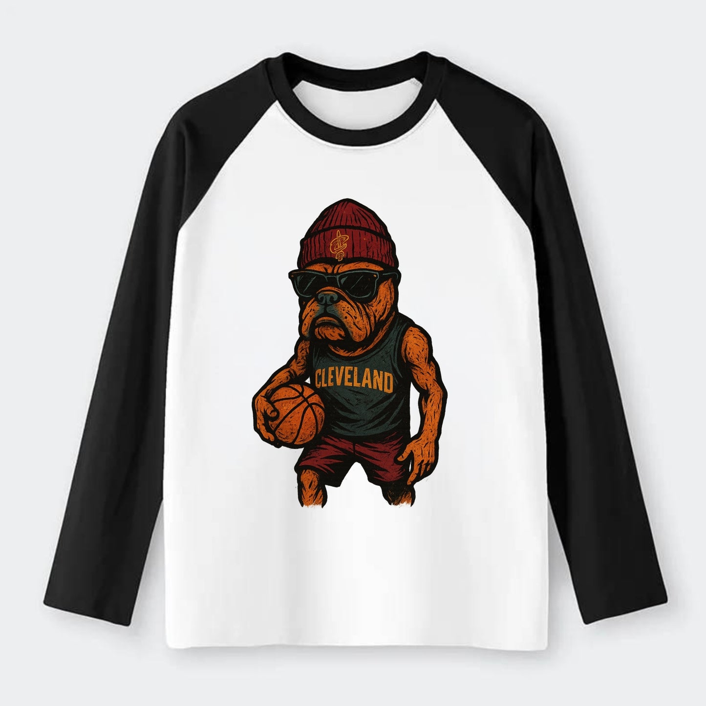 Cleveland Bulldog wearing Cavaliers wine and gold beanie with sword - Raglan Long Sleeve T-Shirt - Black