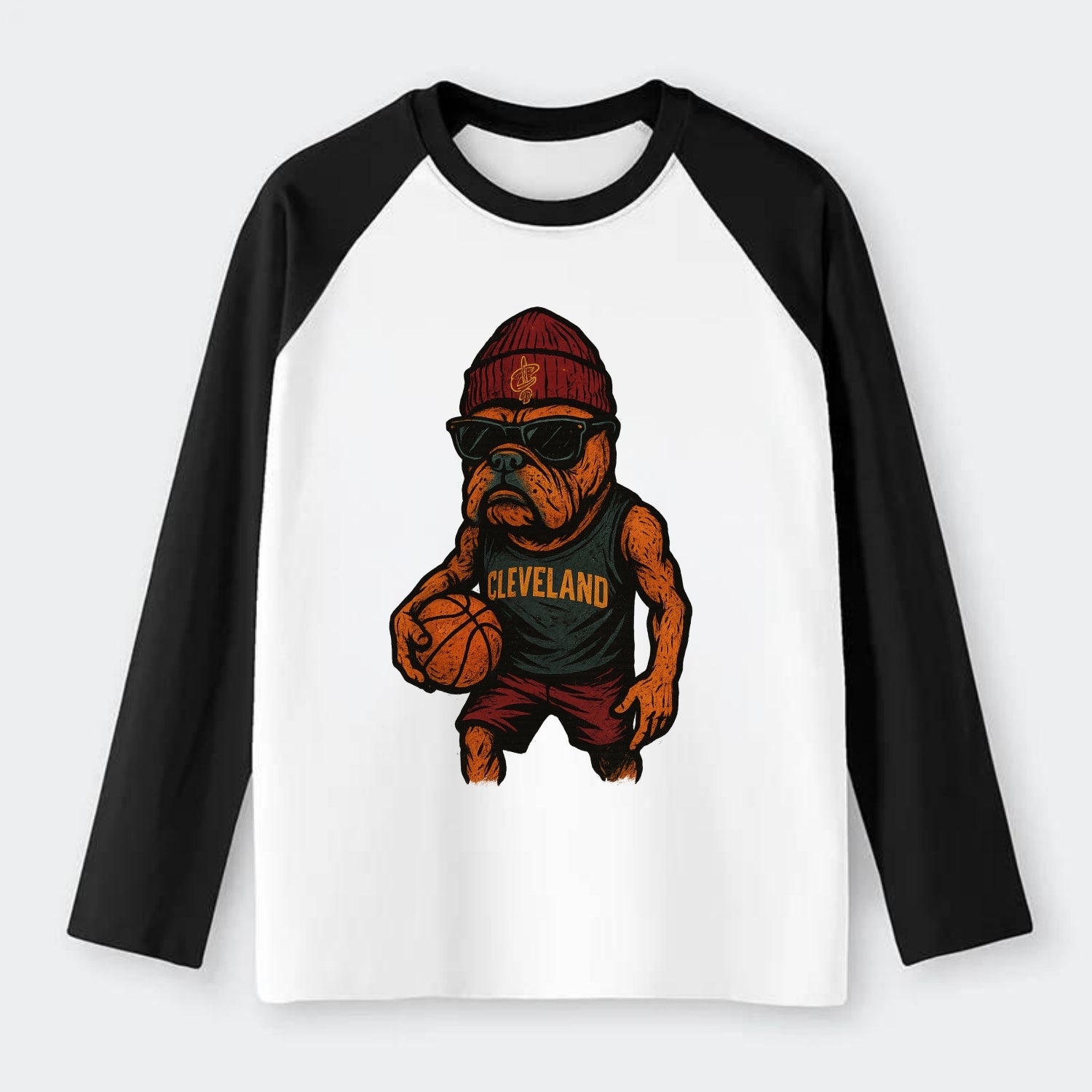 Cleveland Bulldog wearing Cavaliers wine and gold beanie with sword - Raglan Long Sleeve T-Shirt - Black