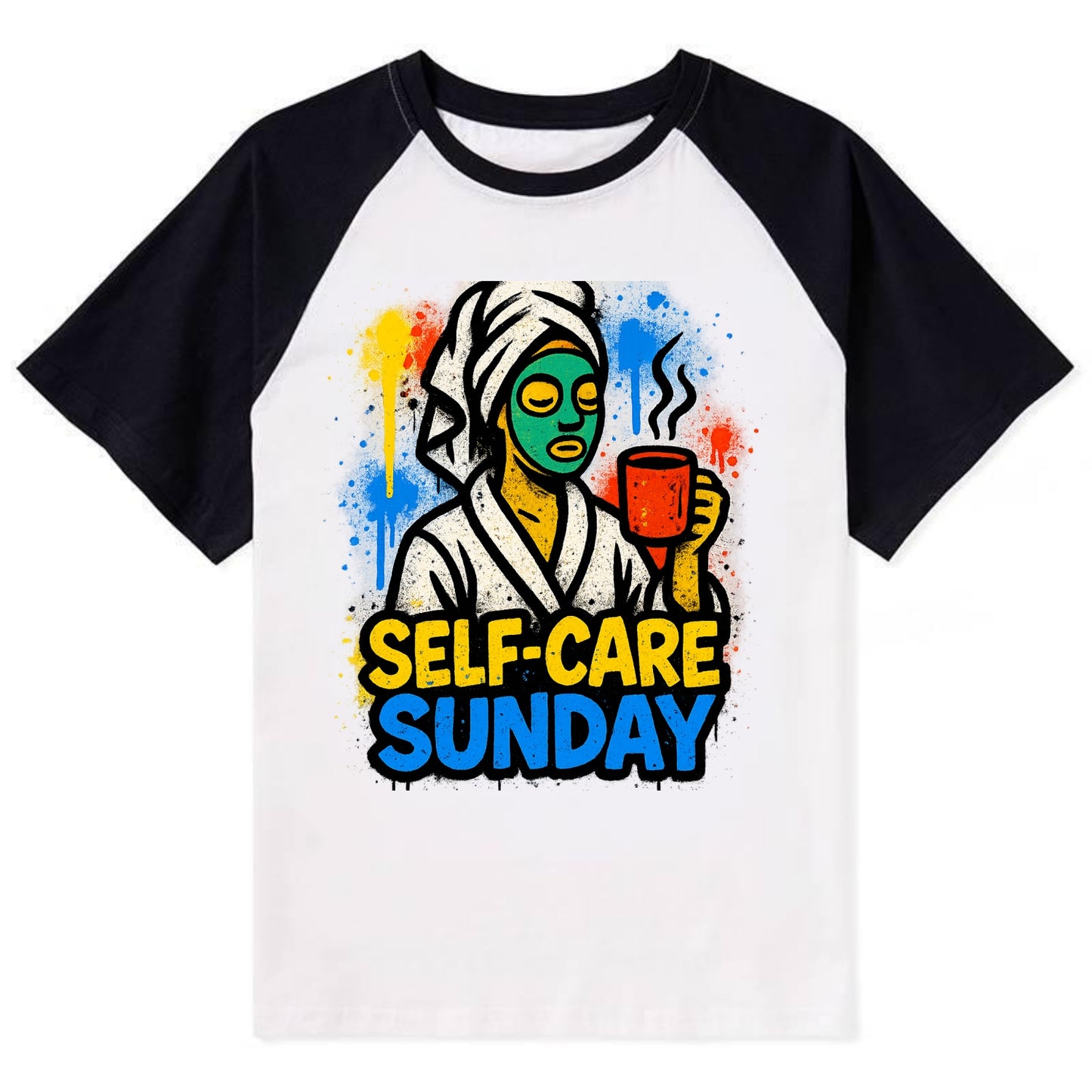 Person in bathrobe with face mask and tea - self-care Sunday ritual, - Contrast Raglan T-shirt - Black