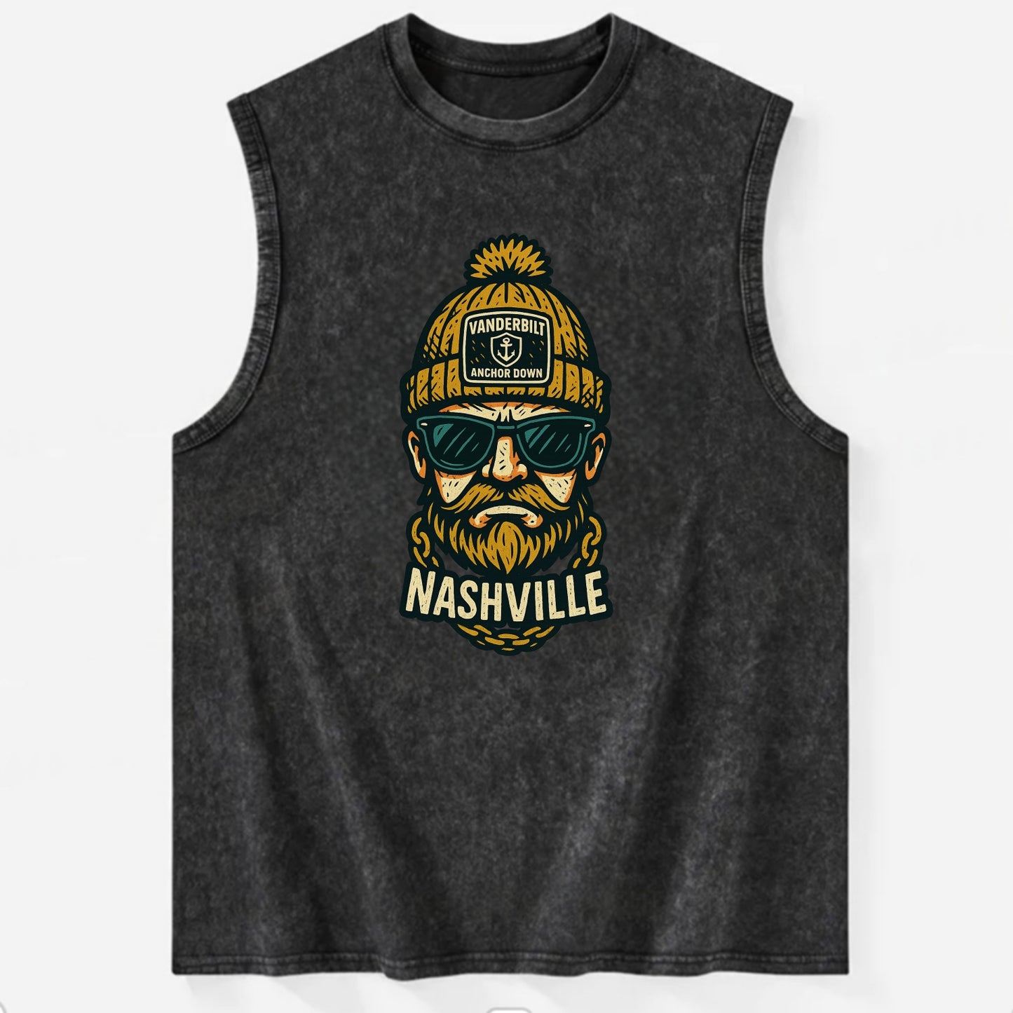 Nashville Commodore wearing Vanderbilt beanie with anchor patch - Vintage Washed Tank - Black