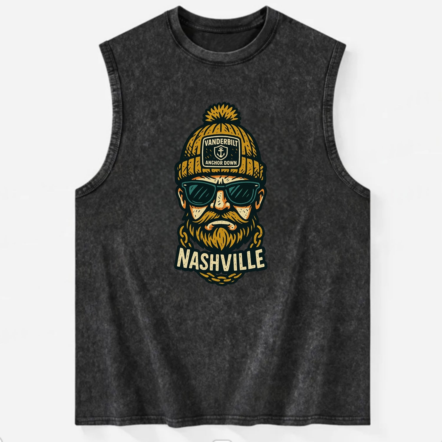 Nashville Commodore wearing Vanderbilt beanie with anchor patch - Vintage Washed Tank - Black
