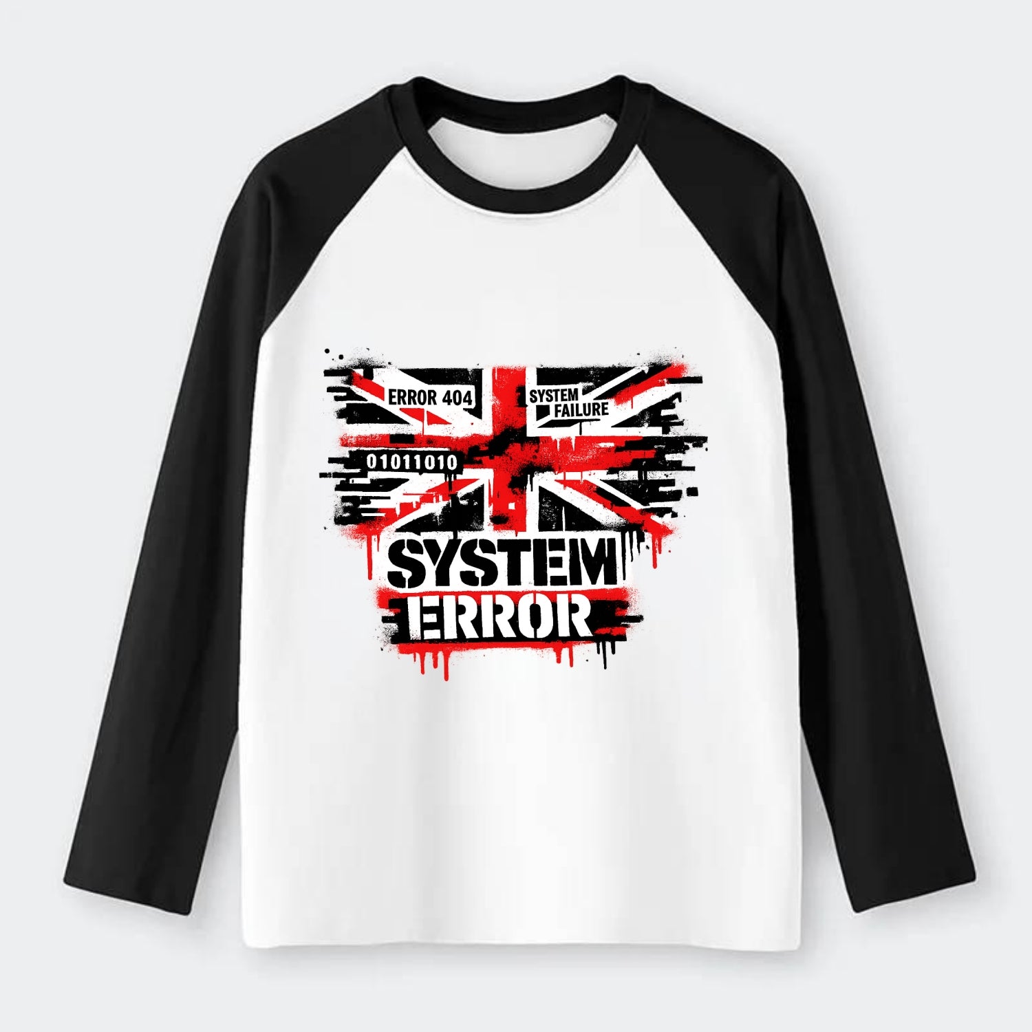 SYSTEM ERROR | Glitch Union Jack pattern | Digital corruption effect | - Raglan Long Sleeve T-Shirt - Black