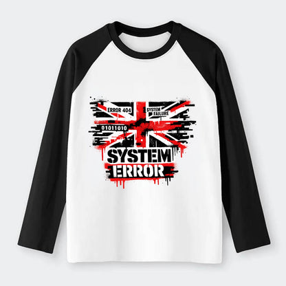 SYSTEM ERROR | Glitch Union Jack pattern | Digital corruption effect | - Raglan Long Sleeve T-Shirt - Black