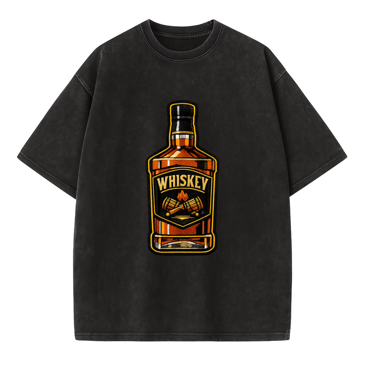 WHISKEY BOTTLE - bourbon bottle in amber and gold , spirits connoisseur - Vintage T-shirt - Black
