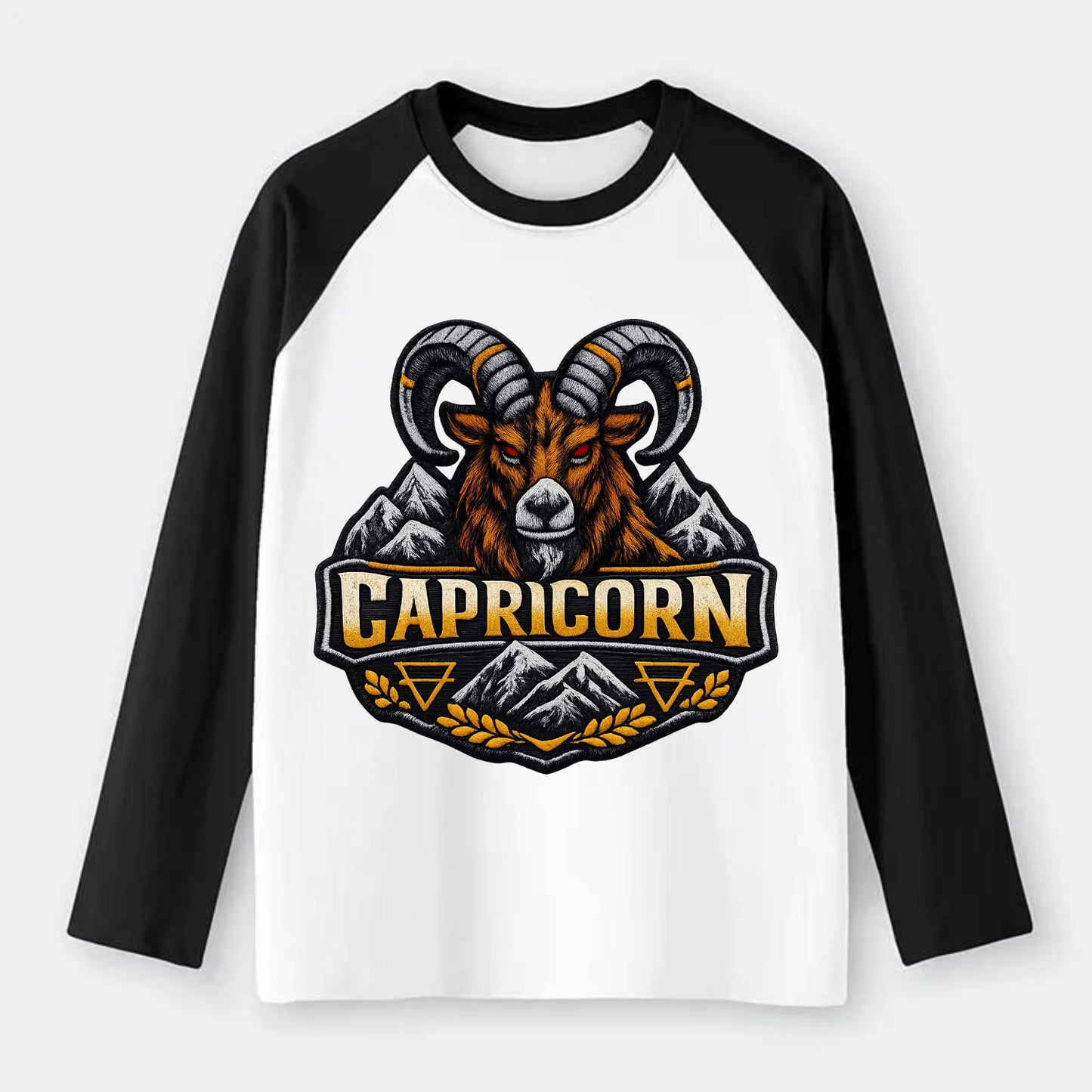 CAPRICORN GOAT - mountain goat in brown and gray , earth sign - Raglan Long Sleeve T-Shirt - Black