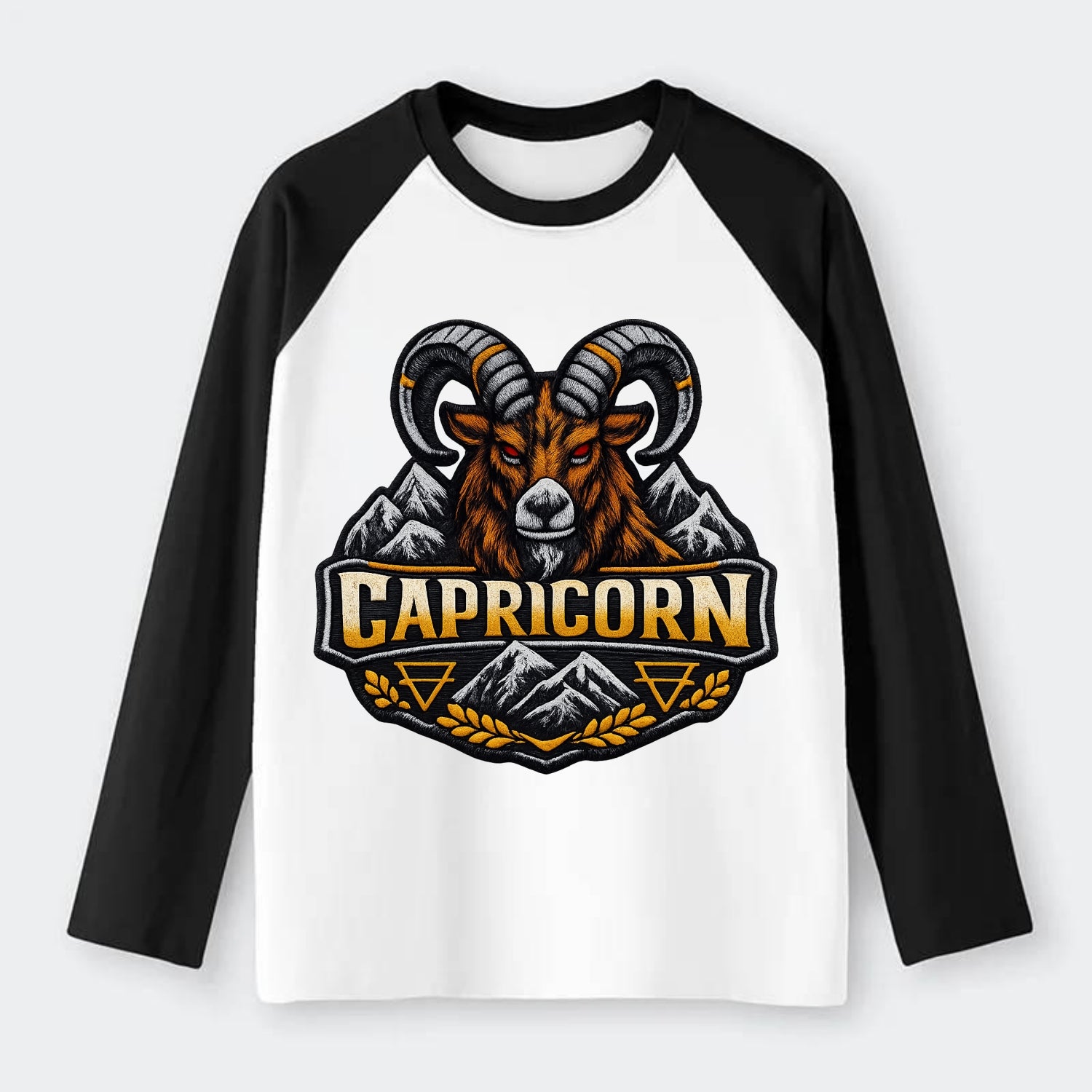 CAPRICORN GOAT - mountain goat in brown and gray , earth sign - Raglan Long Sleeve T-Shirt - Black