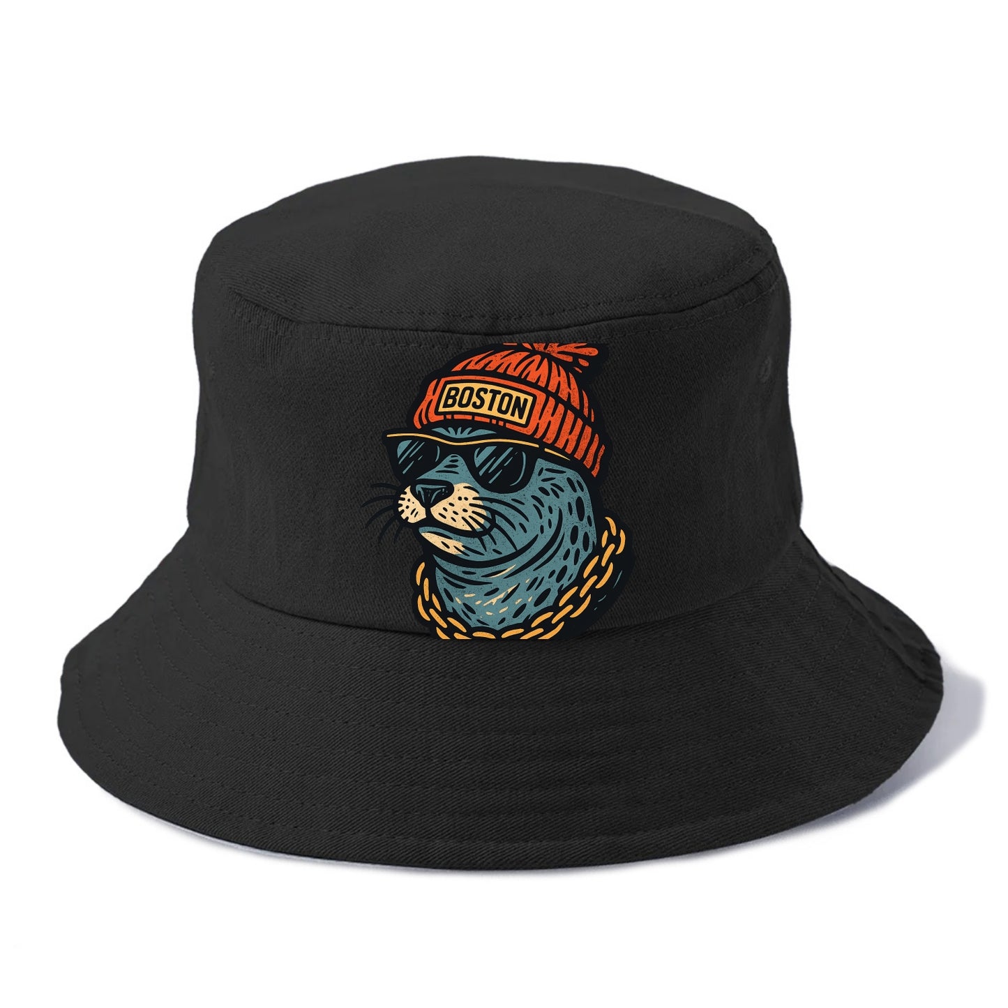 Boston Harbor Seal wearing Boston beanie with pom pom and wayfarer sunglasses - Bucket Hat - Black